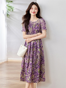 绝美紫色碎花连衣裙女2025夏季新款洋气减龄收腰显瘦小个子印花裙图片
