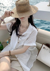 2025夏季轻薄微透松弛翻领短袖衬衫亚麻上衣，女装衬衫，湘姗