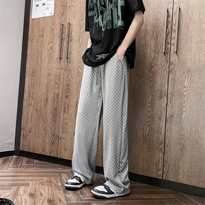 棋盘格垂感冰丝裤子男夏季薄款韩版潮流直筒裤港风宽松帅气长裤子图片