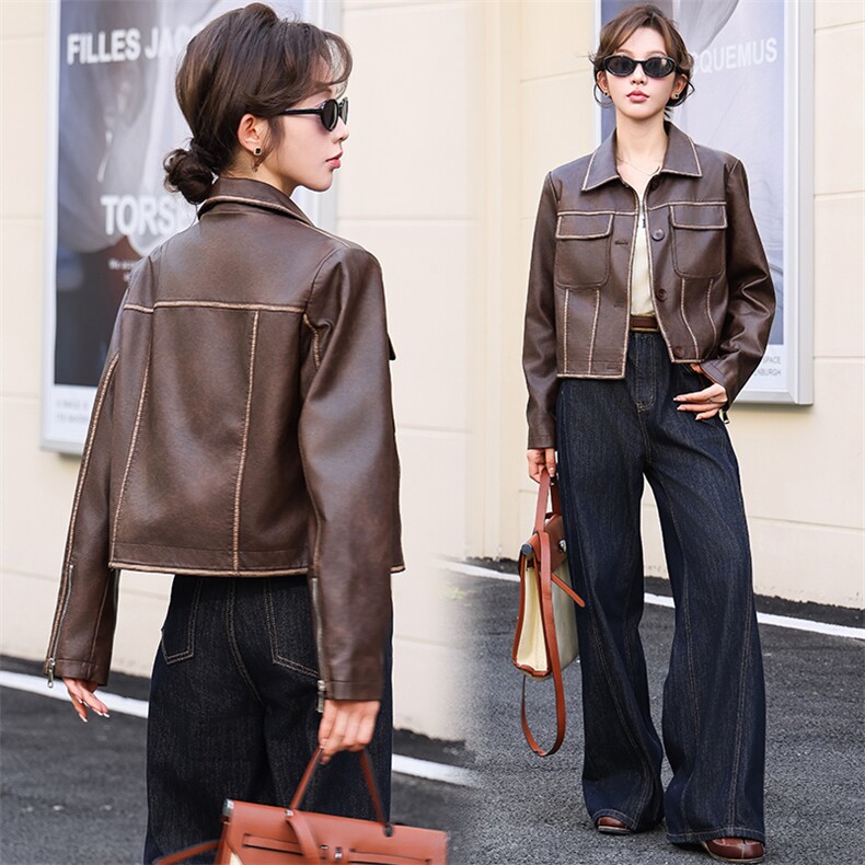 2024新款安哥拉色立领小皮衣女短款机车百搭修身外套夹克春秋装，女装皮衣，江南女神