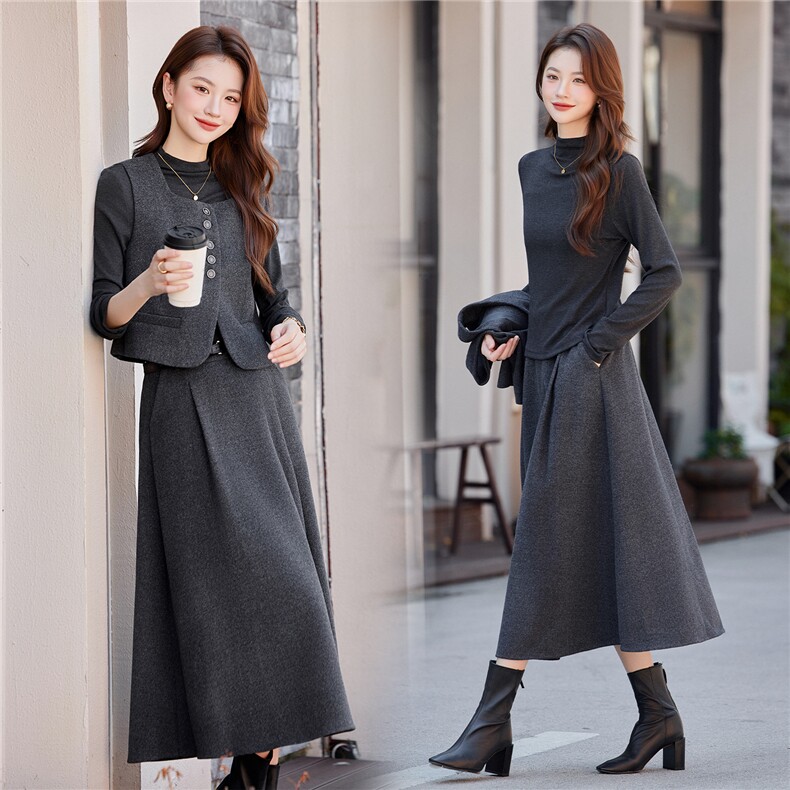 轻熟风气质毛呢套装裙女2025秋冬新款显瘦打底衫马甲半身裙三件套，女装套装/套裙，煊芮熙