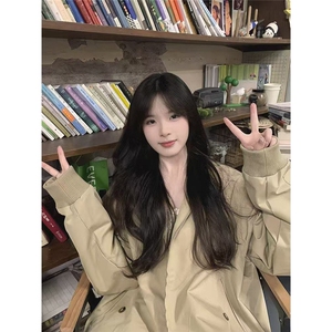 美式复古卡其色立领2025新款春秋外套宽松工装休闲夹克韩系上衣女图片
