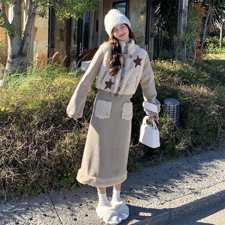 小香风仿皮毛一体羊羔毛短外套半身裙套装两件套女秋冬2025新款,女装套装/套裙,2C230