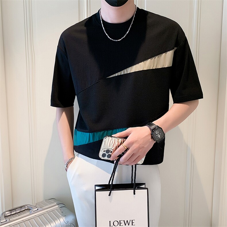 2025新款夏季短袖T恤男设计感潮牌拼接半袖体恤A313-1-K875-P55，男装T恤，电商A313-1