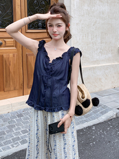 夏季新款少女感显瘦碎花阔腿裤两件套温柔系穿搭法式牛仔小衫套装，女装套装/套裙，浙宝305