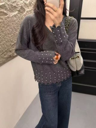 2025年秋季常规款通勤单件长袖V领珍珠套头,针织衫/毛衣,暖烁特种纱工厂店