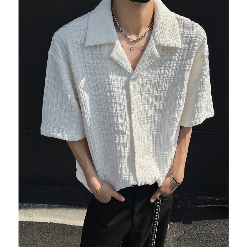 主推复古肌理感古巴领衬衫短袖衬衣冰丝上衣男H1070特P40,男装衬衫,电商A341