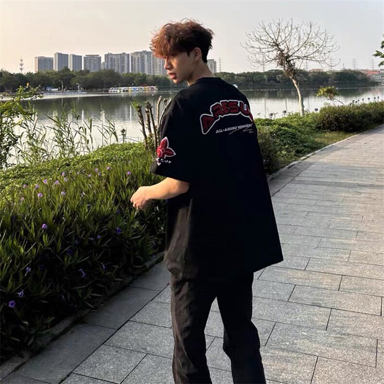 万针全刺绣工艺抖音得物高品质260克重磅纯棉双纱美式高街短袖T恤,男装T恤,电商A486-1