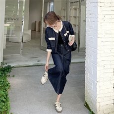 现货2D078-T1931-P165K248蕾丝花边拼接牛仔裙2件套装，女装套装/套裙，2D078