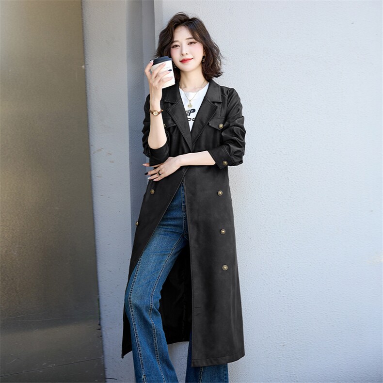 现货大女主媲美仿真皮韩版质感咖色皮风衣翻领中长款外套皮夹克,女装皮衣,美拉德工厂直营店