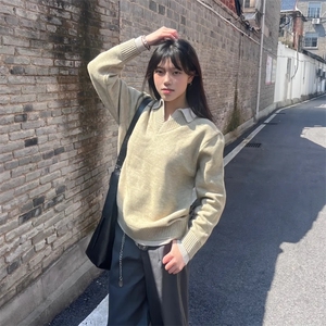 重磅北极绒假两件衬衫领毛衣美式高街复古休闲慵懒纯色翻领针织衫图片