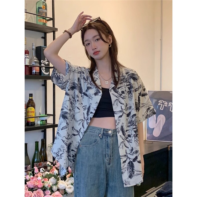 新中式水墨印花衬衫夏季女小个子宽松短袖复古港风碎花设计感上衣,男装衬衫,星座506A