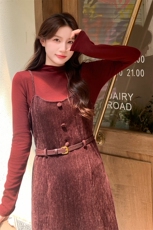 现货秋装新款连衣裙+针织上衣套装配腰带A19P155-K208，女装连衣裙，2D045
