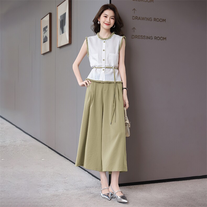 韩系休闲时尚套装女夏季2025新款蕾丝花边无袖上衣阔腿裙裤两件套,女装套装/套裙,火爆靓佳人