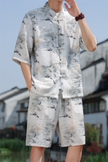2025夏季新款男装风冰丝印花盘扣唐装套装短袖+短裤A113-P80，男装休闲套装，电商B277(原6028)