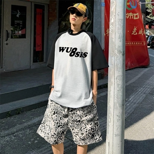 抖音得物高品质二开240克宽松纯棉美式潮牌插肩袖拼接短袖T恤图片