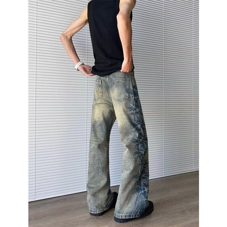 春季新款美式复古手工捏褶牛仔裤男女直筒阔腿cleanfit长裤，男装牛仔裤，星座813-2