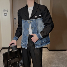 秋季潮男设计款牛仔拼接外套男个性休闲帅气小西服男JK2302-P145，男装西服，电商B267