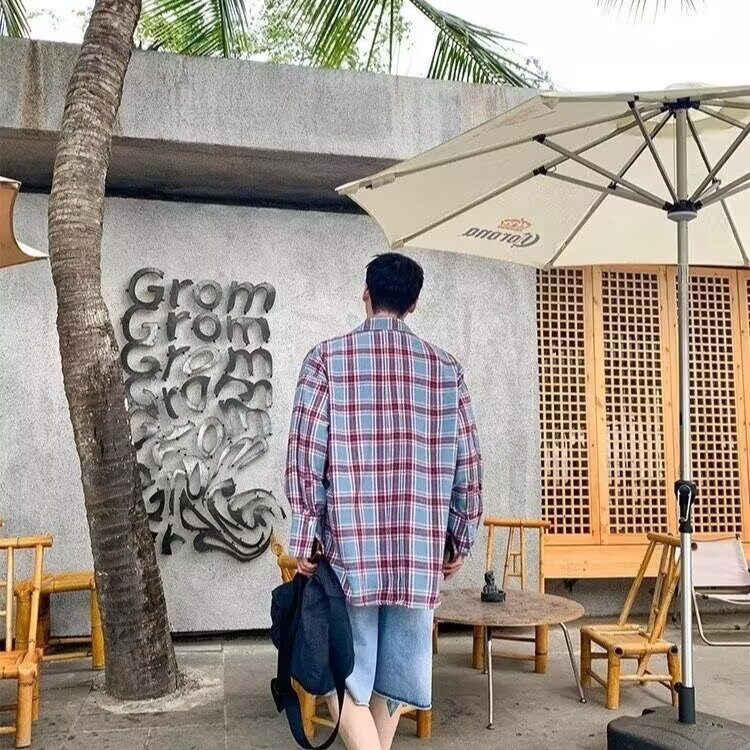 格子衬衫男女早春季上衣设计感小众高级感法式别致长袖衬衣,男装衬衫,星座410-6（原星座1304-1）