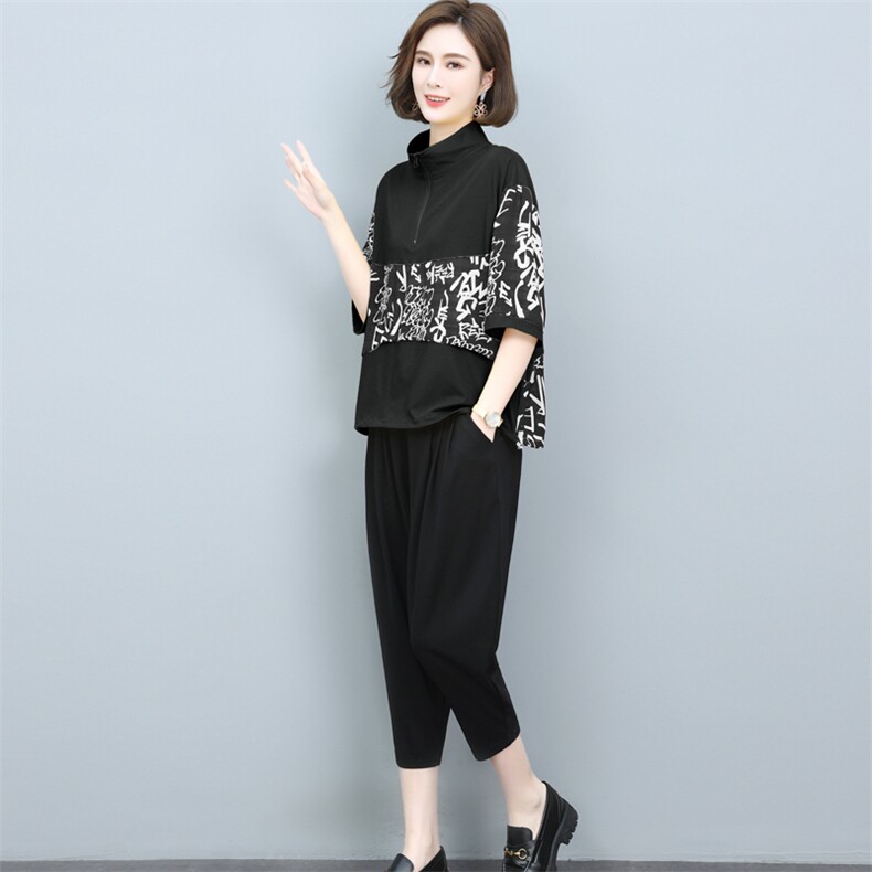 (新品)2025年夏季拼接两件套天丝中老年妈装宽松休闲装三年不下架,女装套装/套裙,璐依舞