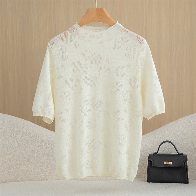 镂空短袖针织衫女夏薄款2024新款圆领套头短款五分袖T恤，女装T恤，斯尔特羊绒