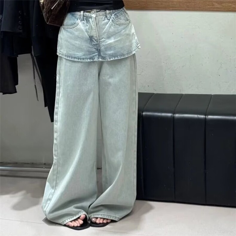 韩版复古假两件拼接设计阔腿牛仔裤女春秋季新款高腰宽松直筒裤,男装牛仔裤,星座506A