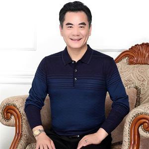 长袖t恤男中老年纯色薄款有领卫衣爸爸秋装上衣秋季条纹小衫图片