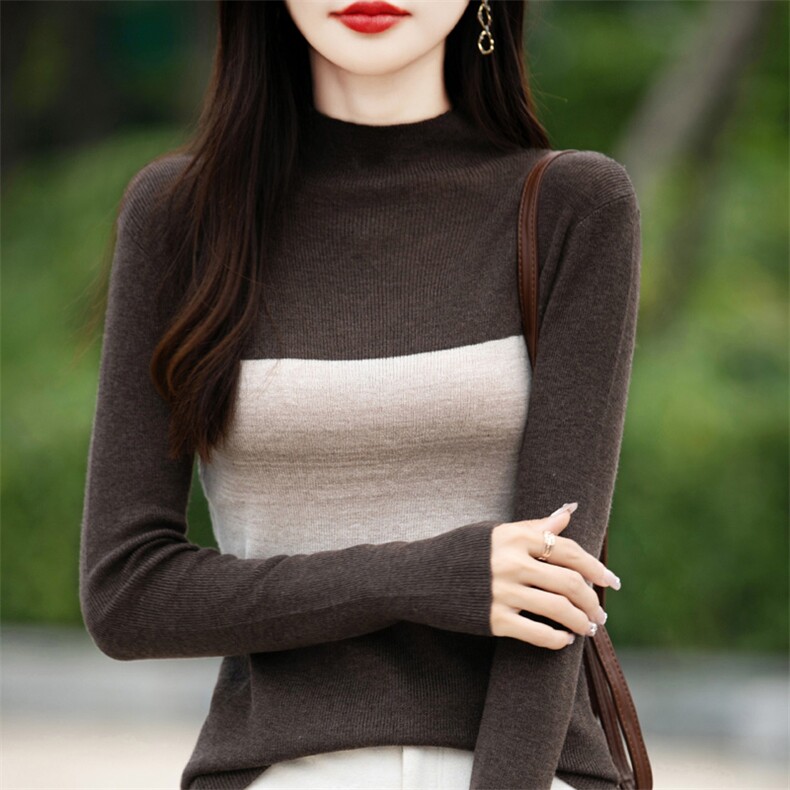 2025秋冬小众设计感半高领拼接百搭针织衫女修身显瘦内搭打底毛衣,针织衫/毛衣,暖姿羊绒