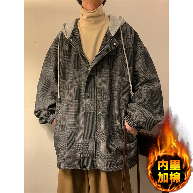 JK6007/P80加棉P90冬装港风牛仔连帽格子夹克男大码外套棉衣男图片