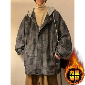 JK6007/P80加棉P90冬装港风牛仔连帽格子夹克男大码外套棉衣男图片