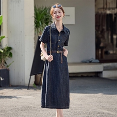 官方牛仔拼接撞色连衣裙女2025夏季新款收腰显瘦开叉长裙，女装连衣裙，E百度
