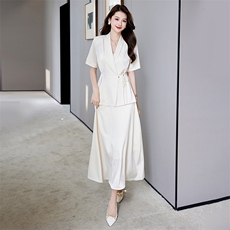 2024年夏装西装领系带洋气减龄衬衣百搭显瘦A字摆半身裙套装，女装套装/套裙，卡杰菲