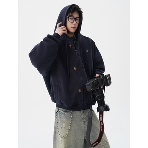 秋冬新款高品质藏青色连帽卫衣外套男美式宽松设计感小众WY23P78图片