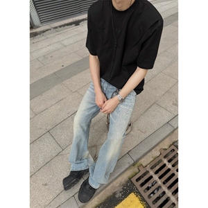 夏季新款休闲日常百搭圆领短袖男街头简约复古vintage刺绣纯色T恤图片
