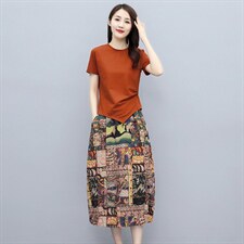 2021新款女夏装圆领针织上衣花色长裙套装套裙，女装套装/套裙，施恩睿棋