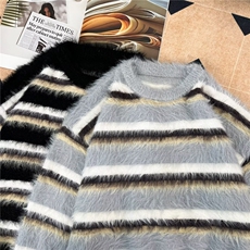 条纹毛衣情侣款秋季复古慵懒风宽松针织衫2410P53，男装针织衫/毛衣，星座410-2