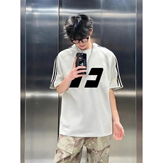 抖音得物高品质二开240克宽松纯棉美式潮牌三条杠织带短袖T恤，男装T恤，电商A486