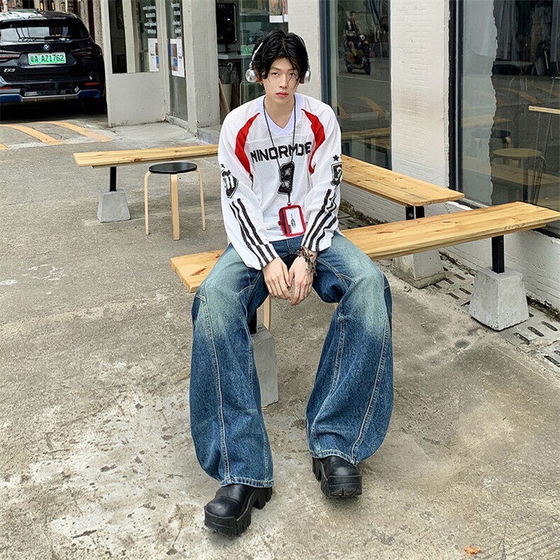2025夏季新款美式高街设计弯刀牛仔裤百搭宽松阔腿裤YD9017-P70图片
