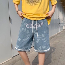 美式牛仔短裤男士夏季宽松五分中裤高街潮牌大裤衩裤子L510-p39，男装牛仔裤，星座1008