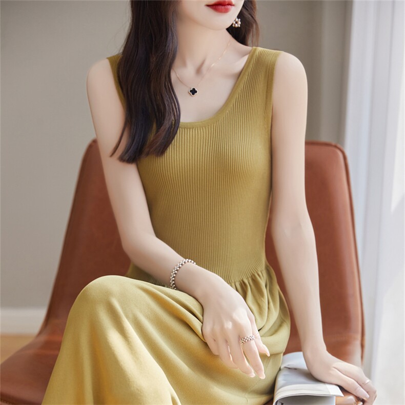 高级感冰丝针织吊带裙女夏新款长款收腰内搭无袖显瘦打底连衣裙子,女装连衣裙,暖姿羊绒