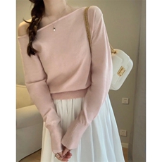 MN1026-P48斜肩毛衣新款设计感小众气质时尚露肩显瘦打底针织衫，女装针织衫/毛衣，星座617A-2