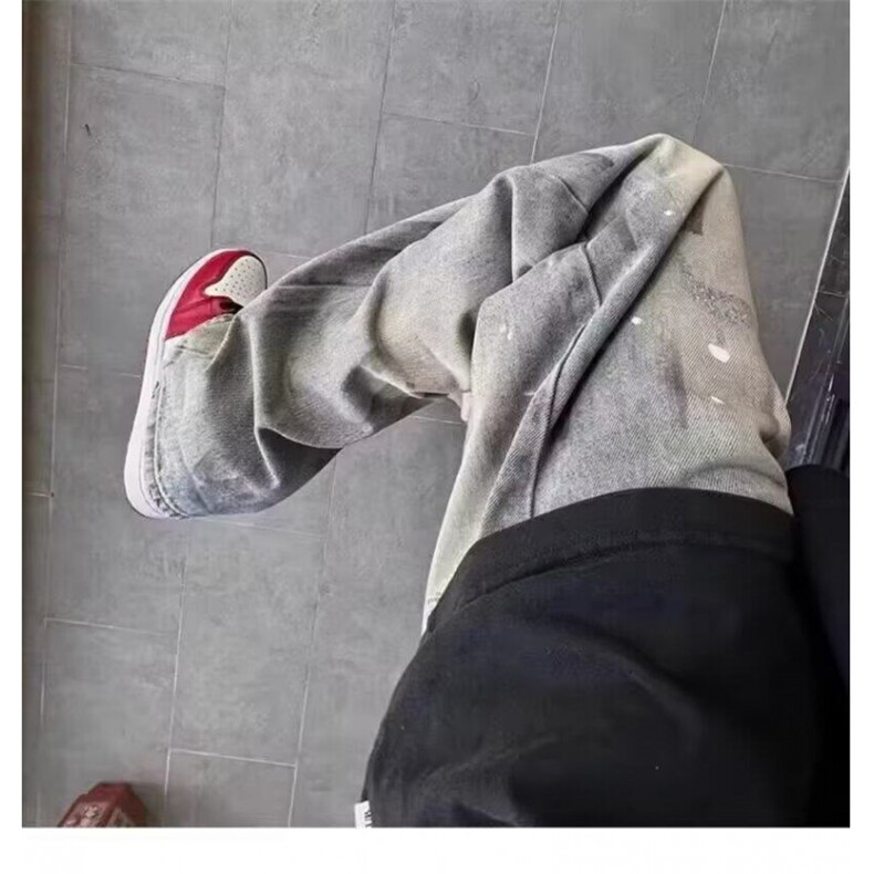 美式潮牌泼墨脏脏牛仔裤男2025春秋季新款高街宽松休闲直筒长裤子,男装牛仔裤,星座506A