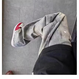 美式潮牌泼墨脏脏牛仔裤男2025春秋季新款高街宽松休闲直筒长裤子图片