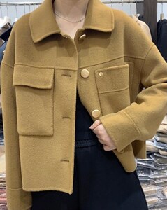2021秋冬新款韩版宽松显瘦百搭不规则大口袋羊毛双面呢短外套图片