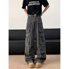 YC0222-P63美式复古褶皱大口袋工装牛仔裤春秋新款街舞嘻哈阔腿裤，男装牛仔裤，电商C233