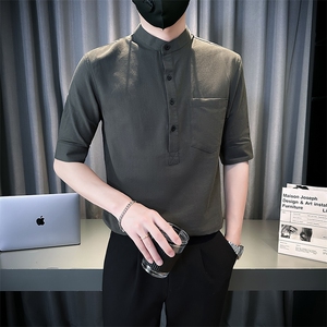 夏季男士七分袖麻料立领衬衫男休闲修身休闲衬衣A236-C666-P58图片