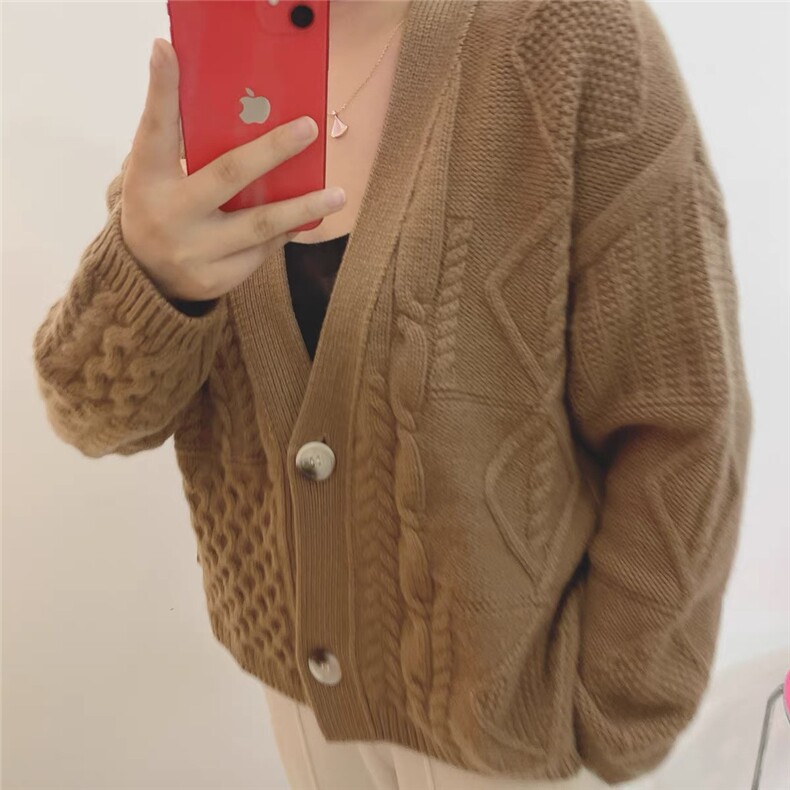 重工35%羊绒衫加厚款绞花纯色韩版宽松大气时尚针织衫外套,女装羊绒衫,以美红杉羊绒