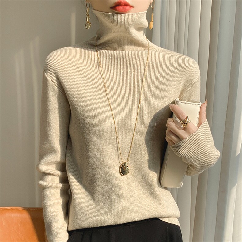 时尚金银丝内搭打底衫女2025秋冬爆款高领毛衣堆堆领修身显瘦上衣，女装针织衫/毛衣，圣丽羊绒