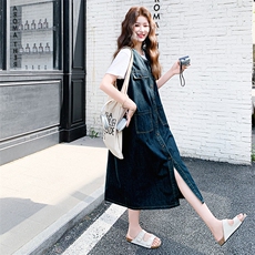 韩版复古牛仔盐系减龄连衣裙女2025夏季新款单排扣慵懒显瘦背带裙，女装连衣裙，2D009