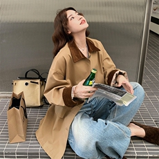 气质撞色拼接翻领风衣外套秋季2025新款日系复古风百搭小个子上衣，女装风衣，2C085